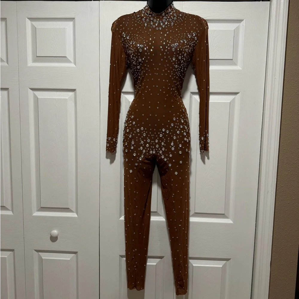 Brown Rhinestone Embellished Mesh Bodysuit Unitard - Picture 2 of 7